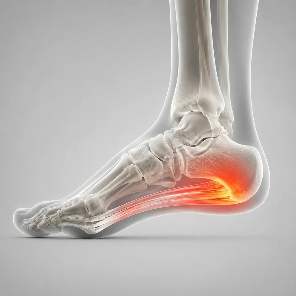 Illustration of a foot with the plantar fascia and heel highlighted